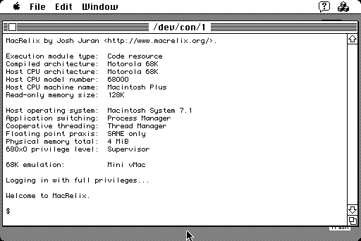 MacRelix displays a text console window with system info and a command shell prompt.